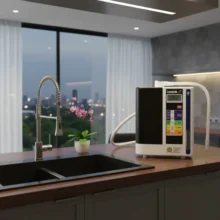 Phối cảnh máy Kangen Leveluk SD501 lắp đặt tại không gian bếp sang trọng