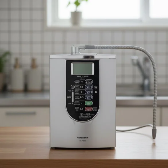 Phối cảnh máy lọc nước ion kiềm Panasonic TK AS66 tại bàn ăn với thiết kế nhỏ gọn