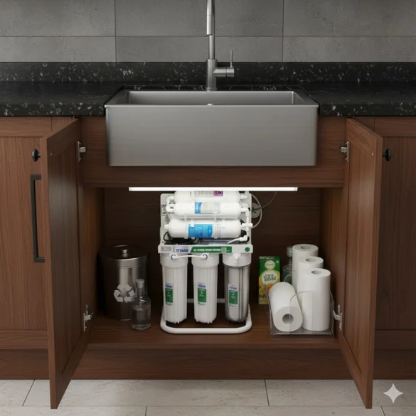 Phối cảnh máy lọc nước Titako A2 lắp đặt ở gầm bếp ăn nhỏ gọn, sang trọng