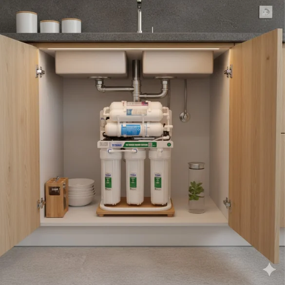 Phối cảnh lắp đặt máy lọc nước Titako A2 lắp đặt ở gầm bếp hiện đại