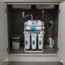 Phối cảnh máy lọc nước Titako A2 lắp đặt tại gầm bếp nhỏ gọn