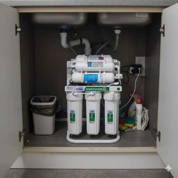 Phối cảnh máy lọc nước Titako A2 lắp đặt tại gầm bếp nhỏ gọn