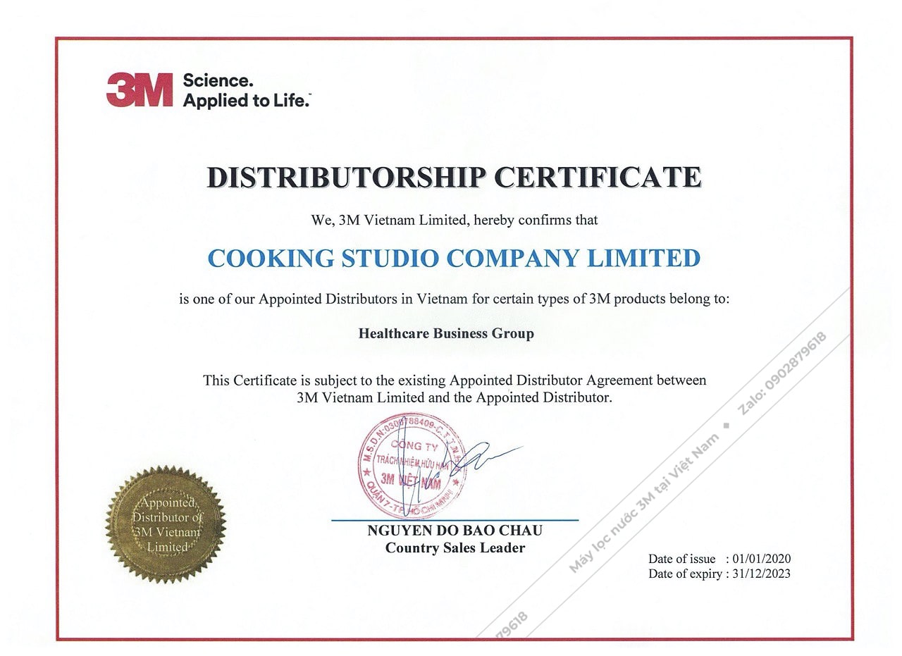 giấy chứng nhận cooking studio là nhà phân phối chính thức của máy lọc nước 3m tại Việt Nam