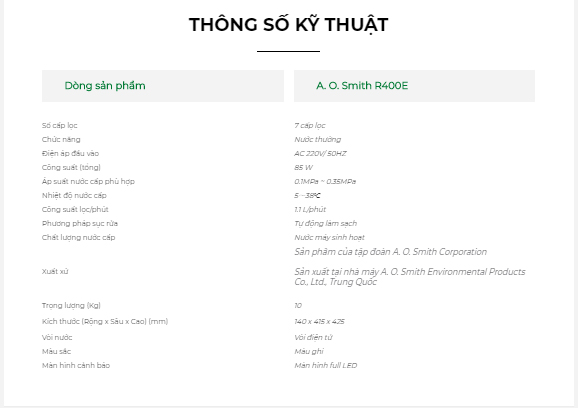 Thông số kỹ thuật máy lọc nước Aosmith R400E