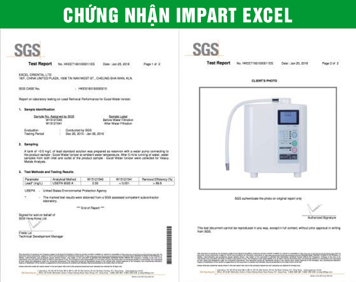 Chứng nhận máy ion kiềm Impart Excel–EX (MX-33)