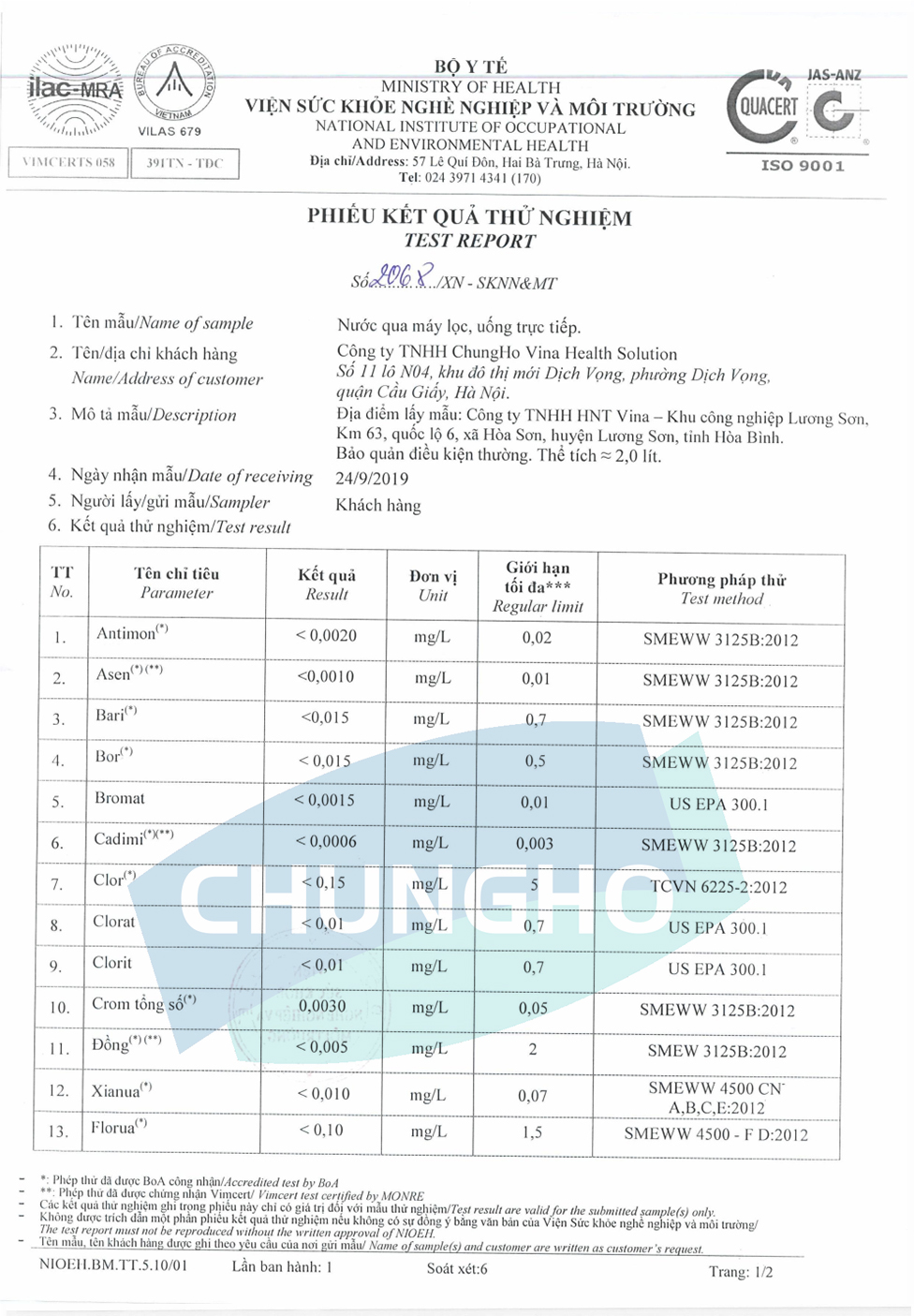 Máy lọc nước Chungho lọc bỏ 142 các chất độc hại trong nước