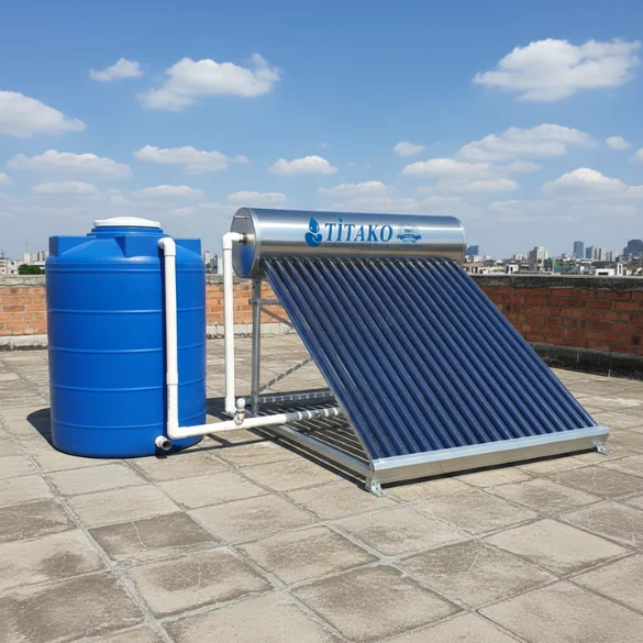 Phối cảnh máy nước nóng năng lượng mặt trời 220l lắp đặt ở không gian rộng rãi