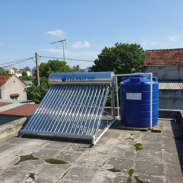 Phối cảnh máy nước nóng năng lượng mặt trời 220l lắp đặt tại nhà dân