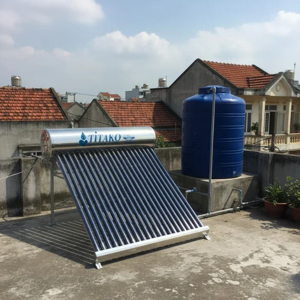 Phối cảnh máy nước nóng năng lượng mặt trời 220l lắp đặt tại sân thượng