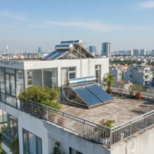 Phối cảnh máy nước nóng năng lượng mặt trời tấm phẳng chịu áp 300l tại sân thượng giúp tiết kiệm điện