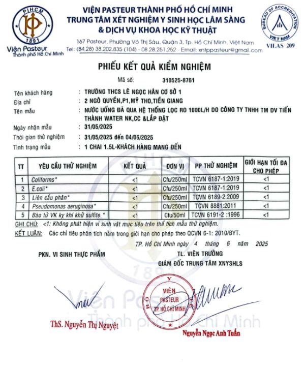 Kết quả kiểm nghiệm nước tại trường THCS Lê Ngọc Hân cơ sở 1