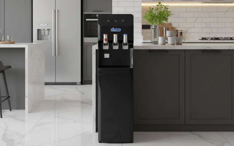Máy lọc nước Titako 5016U tủ đứng được lắp đặt tại không gian bếp ăn sang trọng