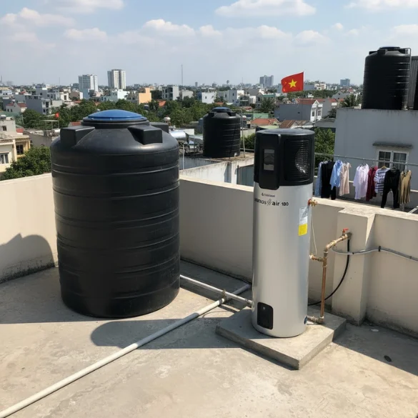 Phối cảnh máy bơm nhiệt Solahart 180L lắp đặt tại sân thượng nhà dân