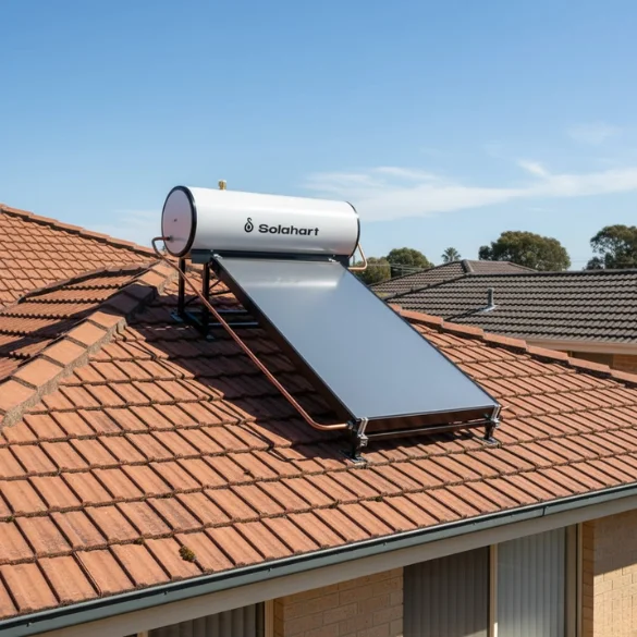 Phối cảnh máy nước nóng năng lượng mặt trời Solahart 180L lắp đặt tại mái nhà