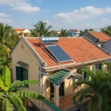 Phối cảnh máy nước nóng năng lượng mặt trời tấm phẳng không chịu áp 150l lắp đặt ở nhà dân
