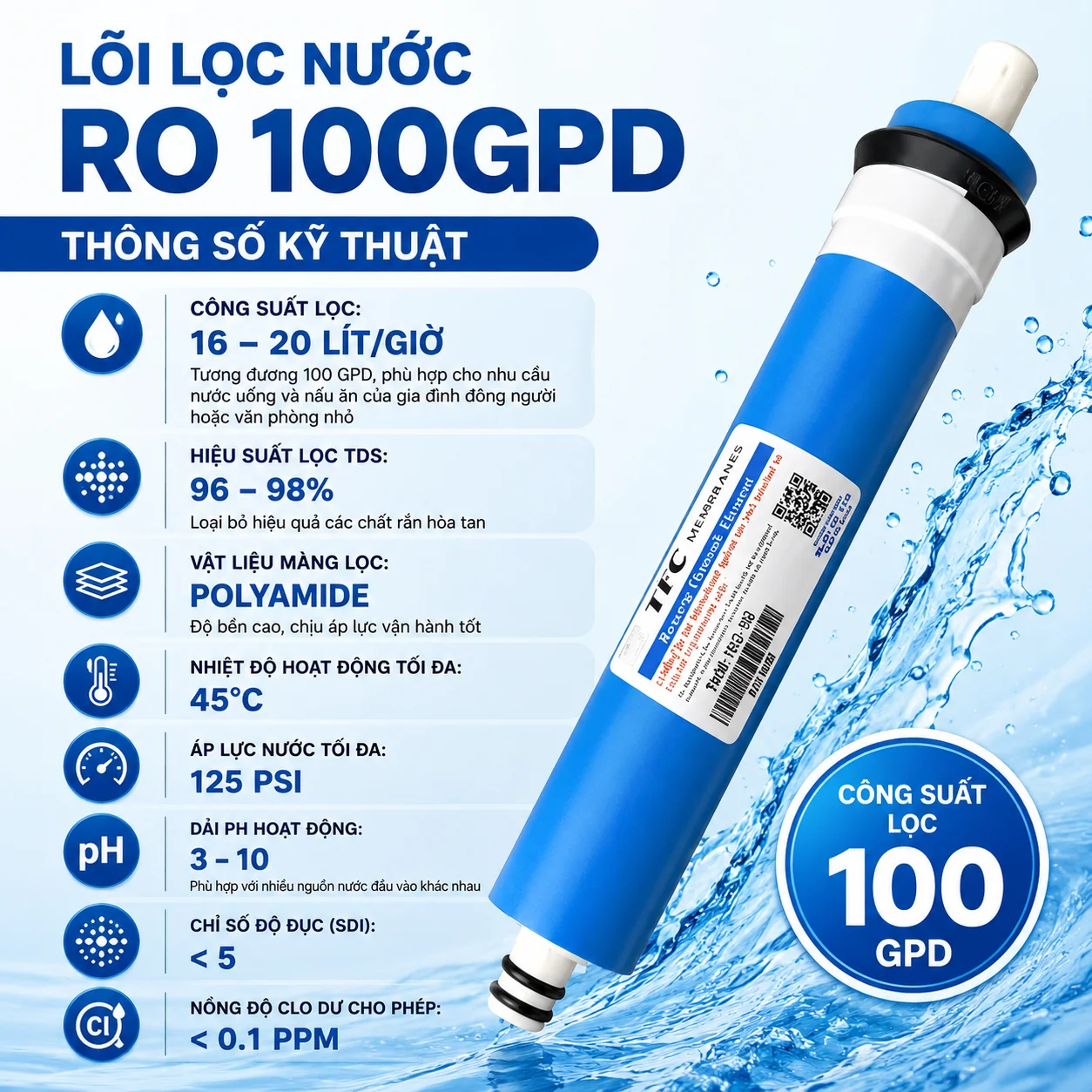 Thông số lõi lọc RO 100 GPD
