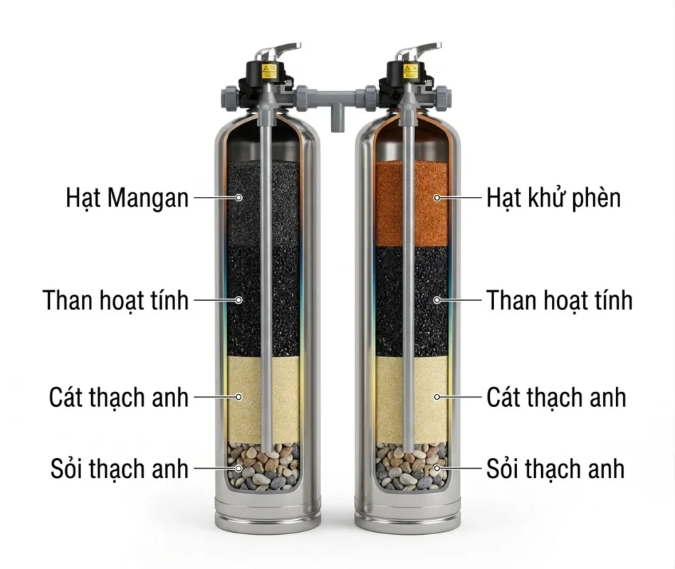 Bộ lọc 2 cột Inox van cơ