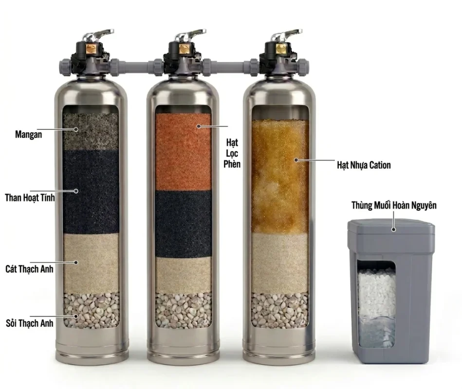 Bộ lọc 3 cột Inox van cơ