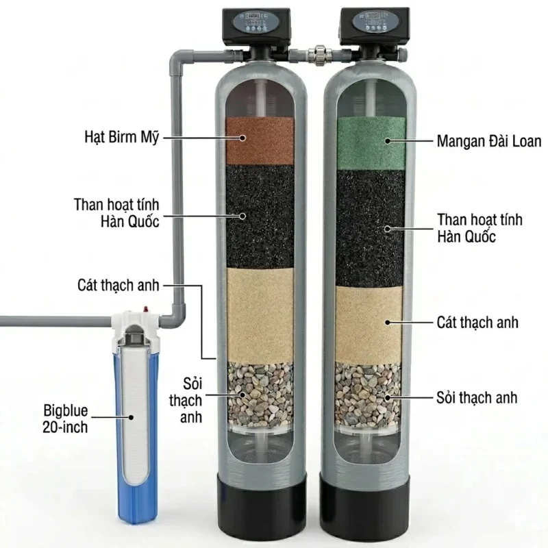 Bộ lọc nước 2 cột Composite van tự động