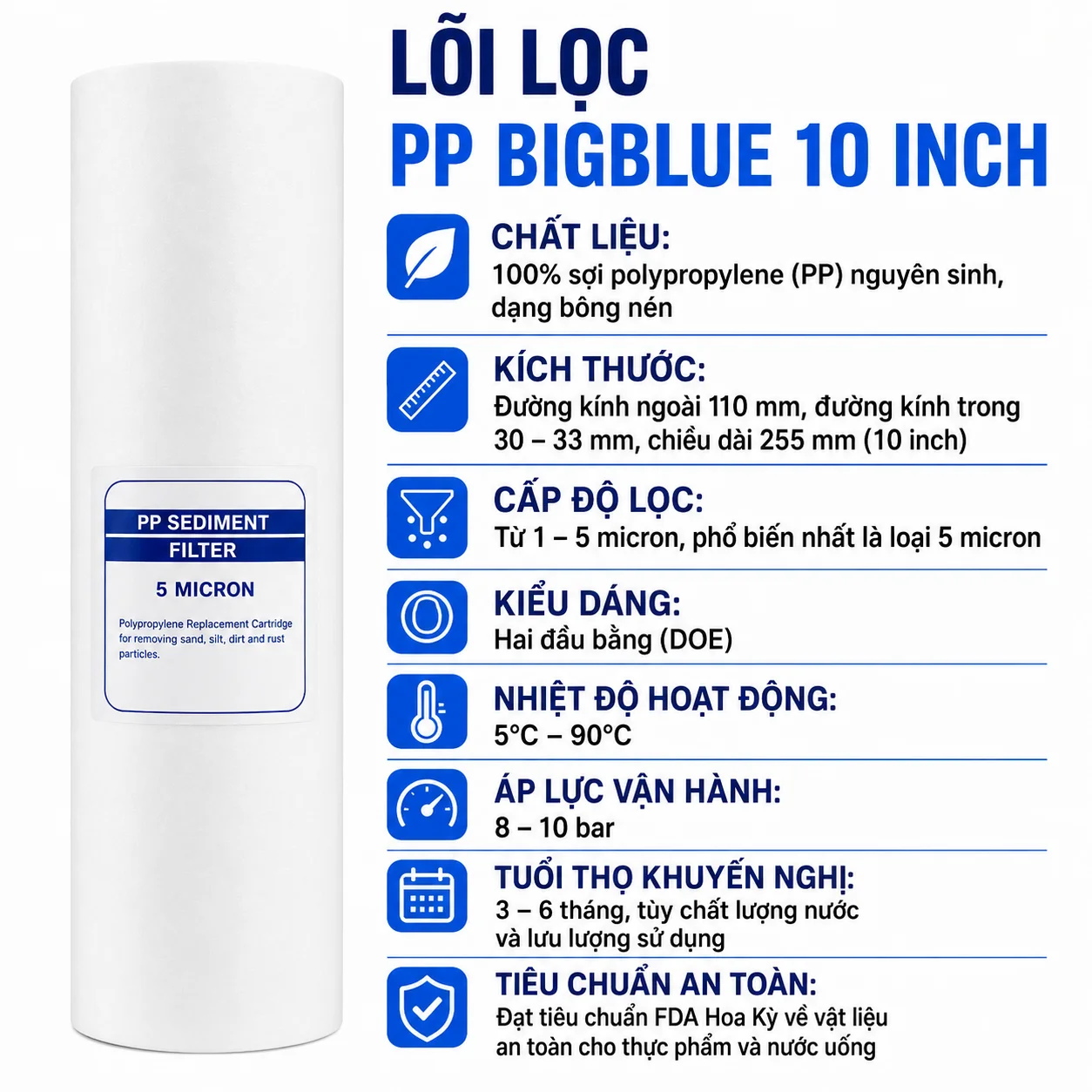 Thông số kỹ thuật của lõi lọc PP Bigblue 10 Inch