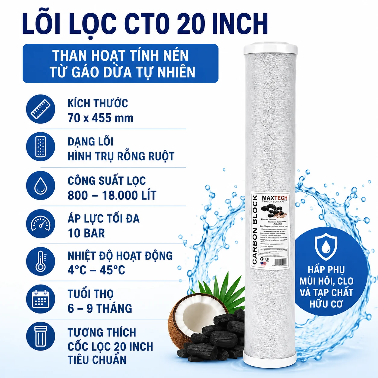Thông số kỹ thuật lõi lọc CTO 20 Inch