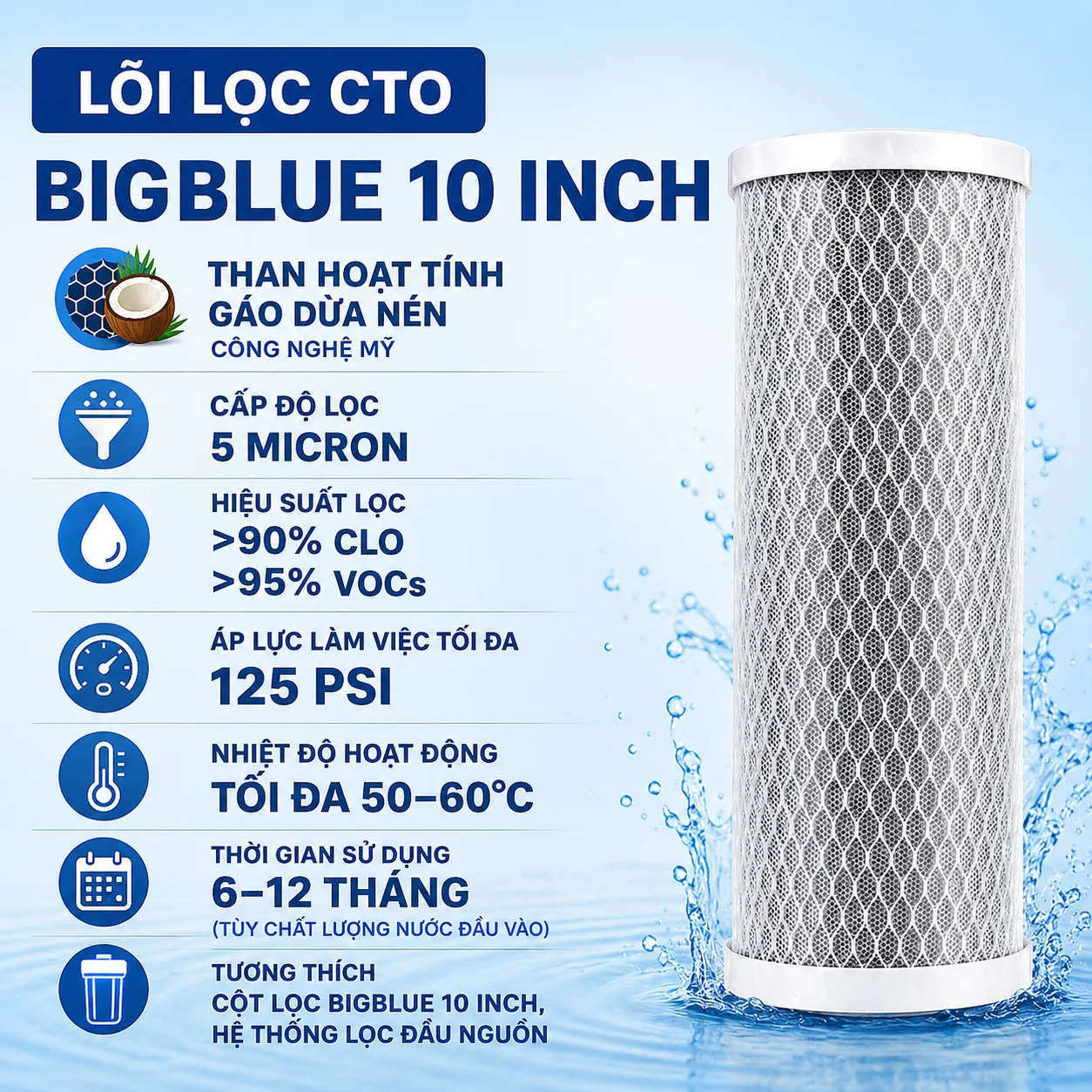 Thông số kỹ thuật lõi lọc nước CTO Bigblue 10 Inch