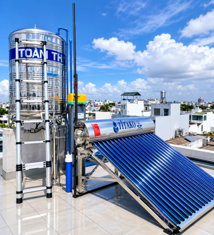 Lắp đặt máy nước nóng năng lượng mặt trời 220L tại nhà anh Dũng